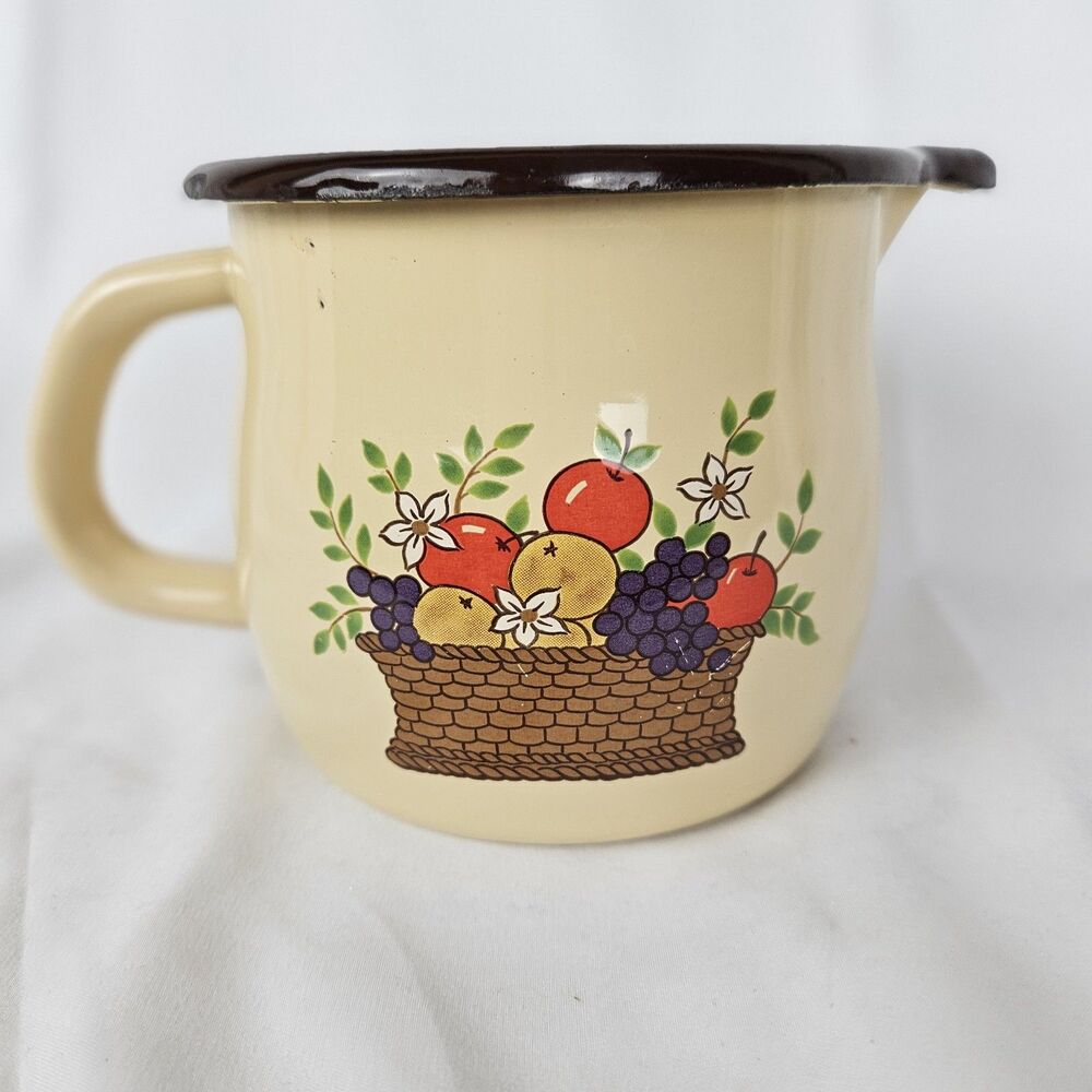 Vintage 1986 F.T.D Enamelware Pitcher Vase w/ Handle Fruit Basket‎ Design Handle